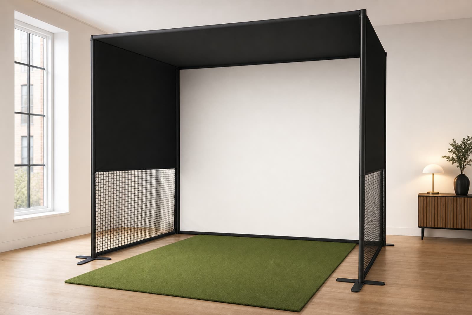 Concept render of the StowGolf bay deployed in a bright apartment spare room. Freestanding, nothing mounted.